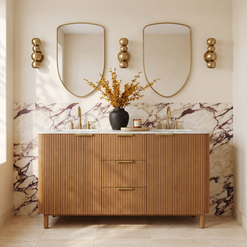 Nova 60" Marble Top Double Sink Vanity, Reeded Birch