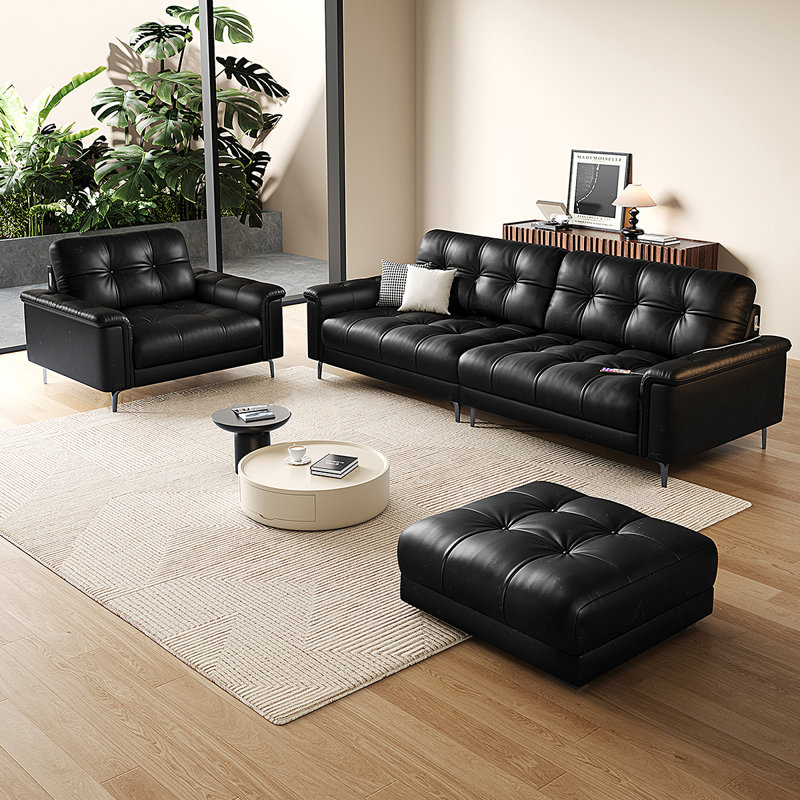 Black Genuine Leather 3 - Piece Living Room Set