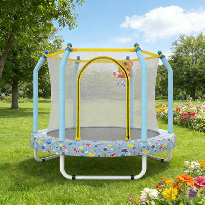 55" Trampoline For Kids, Indoor/Outdoor Baby With Safety Enclosure Net, Adjustable Toddler With Basketball Hoop