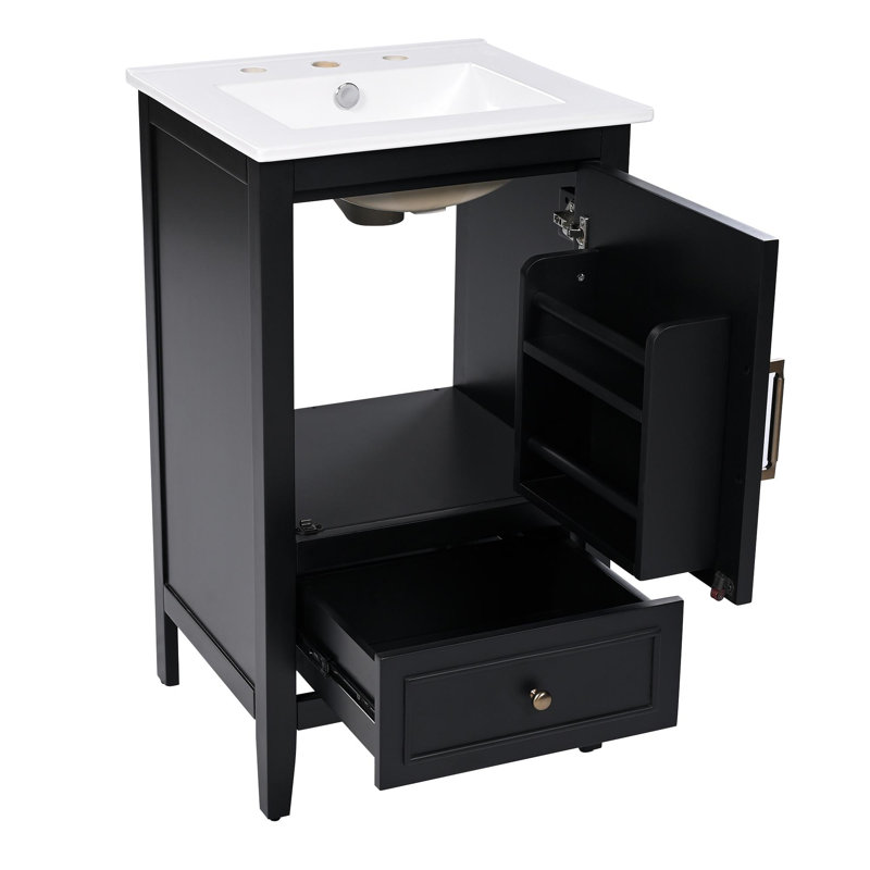 Meuble-lavabo de 20 po avec lavabo, armoire de salle de bain avec porte, tablette de porte et patins réglables, tiroir, Noir
