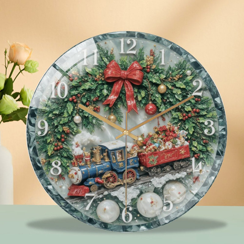 Horloge murale de Noël-Couronne-train-horloge - Horloge murale moderne en verre 12 po