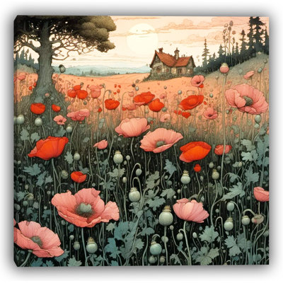 Twilight Cottage Parmi Coquelicots - Art mural sur toile tendue