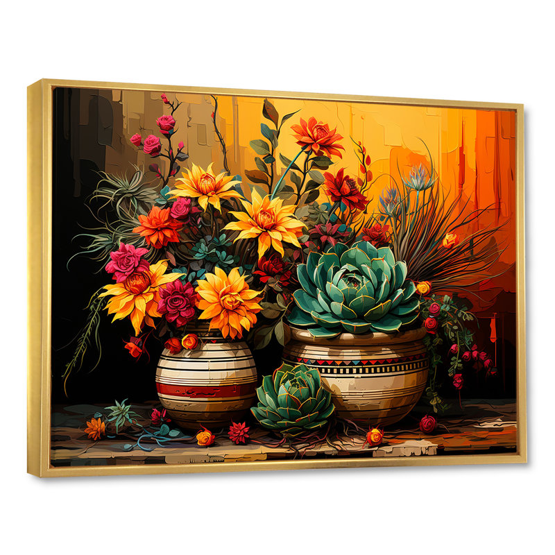 Boho, poterie florale mexicaine, Cadre flottant doré, H 34 po x l 44 po x P 1,5 po