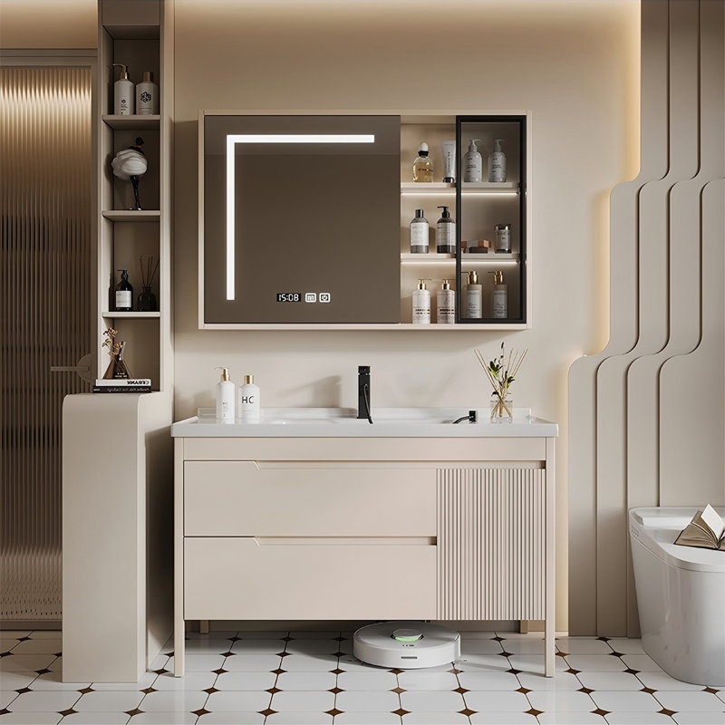 Meuble-lavabo autoportant en bois d'hévéa massif 44,09 po avec miroir, 44"