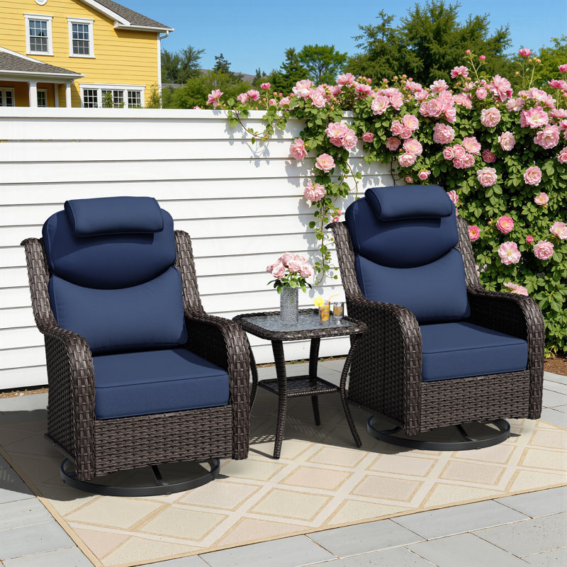 Adcox 2-Person Outdoor Patio Conversation Rattan Sets  With Side Table,Neck & Lumbar Pillows 2 Swivel Chairs and Blue Cushions