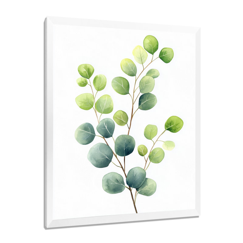 Branches d'eucalyptus à l'aquarelle blanche et verte - Tableau encadré, H 44 po x l 34 po, Cadre photo blanc