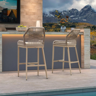 Purple Leaf Patio Upcycled Fabric Bar Stools 28" H Set Of 2 Handwoven Wicker Bar Height Stool Modern Aluminum High Bar Chairs Outdoor Wicker Barstools