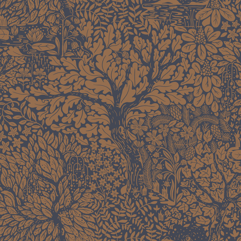 Yvette Olle Forest Leaf Motif 10.05m x 53cm Matte Wallpaper Roll, Blue/Orange