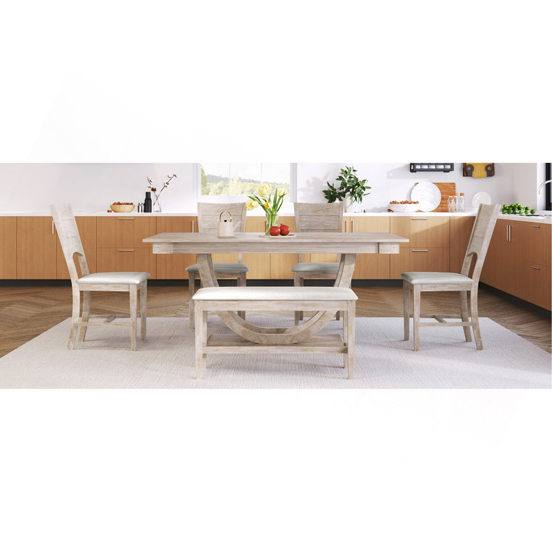 6-Piece Wood Dining Table Set Kitchen Table Set With Long Bench And 4 Dining Chairs, Modern Style, Natural