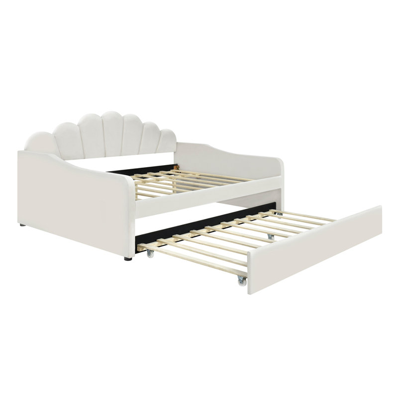 Structure de lit de jour rembourrée pleine grandeur avec dossier de forme basse et lit gigogne, Blanc