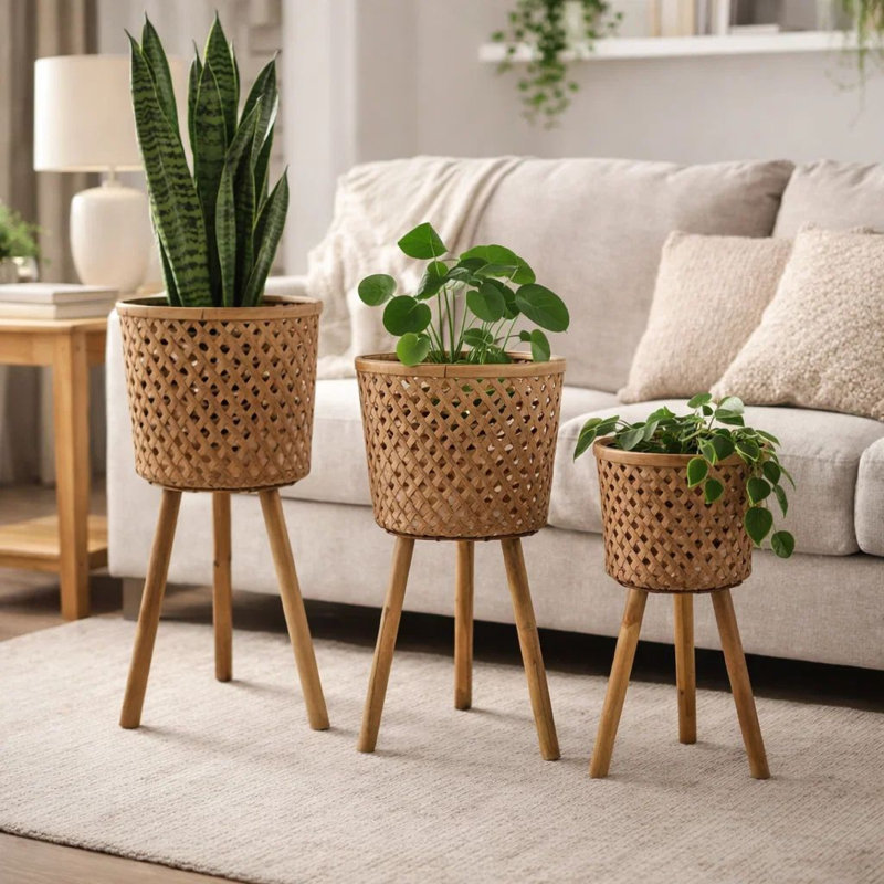 Ensemble de 3 pots à fleurs Mesy en bambou brun à tissage ouvert 11/13/15 po