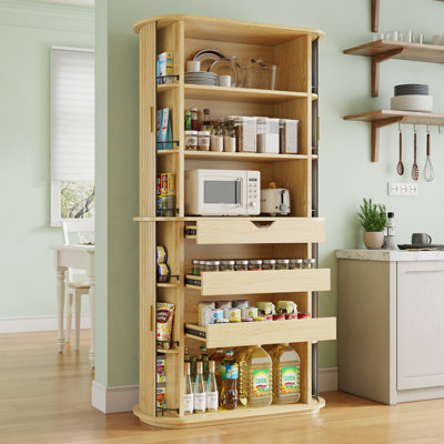 64" Kitchen Pantry Cabinet with Sliding Doors, 3 Drawers & Pull Out Shelves, Natural