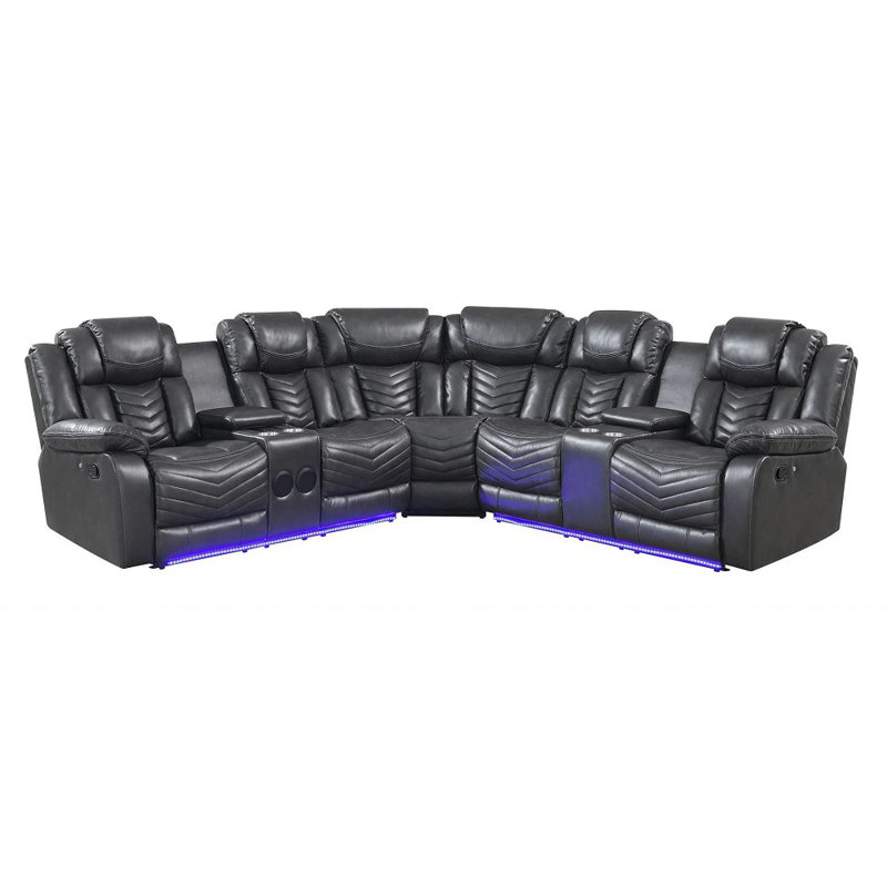 Vichy Grey Air Leather Reclining Sectional With Led & Bluetooth, Gray Faux Leather
