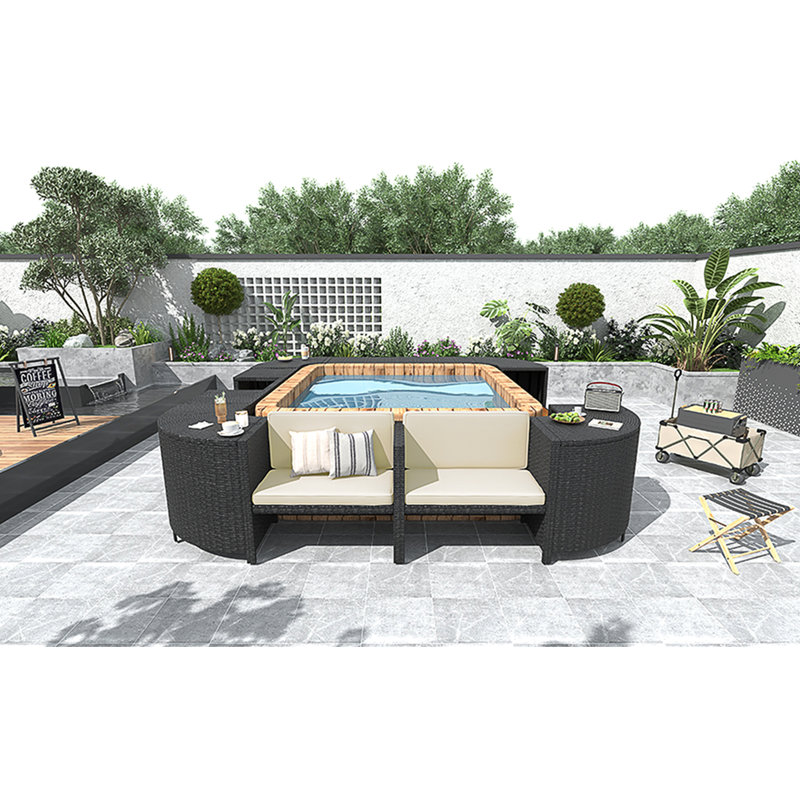 Ensemble de canapés modulaires en rotin pour l'extérieur avec cadre mini spa, sièges en bois et espaces de rangement, beige