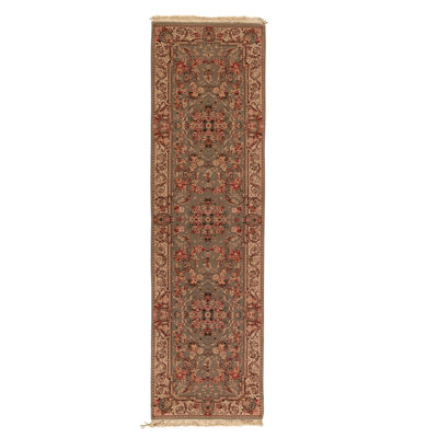 Tapis noué à la main de haute qualité vert clair / gris / ivoire / rouge