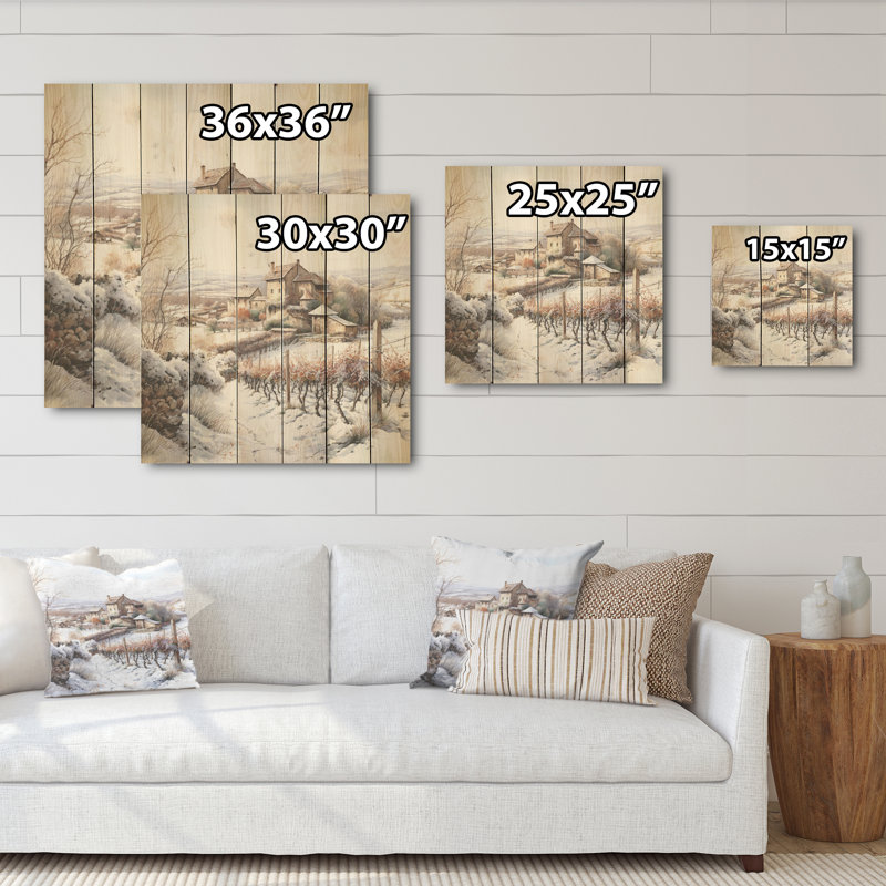 Vineyard Charm In Winter - Vineyard Wood Panel Wall Art On Natural Pine Wood, 15" H x 15" W