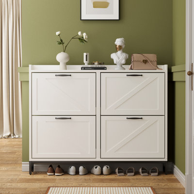 Armoire à chaussures en bois avec 4 tiroirs rabattables, étagère de rangement pour chaussures fermée et étroite avec tablette réglable, armoire à chaussures autoportante pour l'entrée, le couloir, le salon (lin blanc)