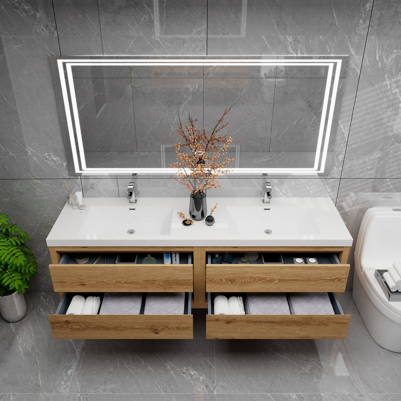 Meuble-lavabo double avec plateau 70,9 po Castanea, Bois jaune