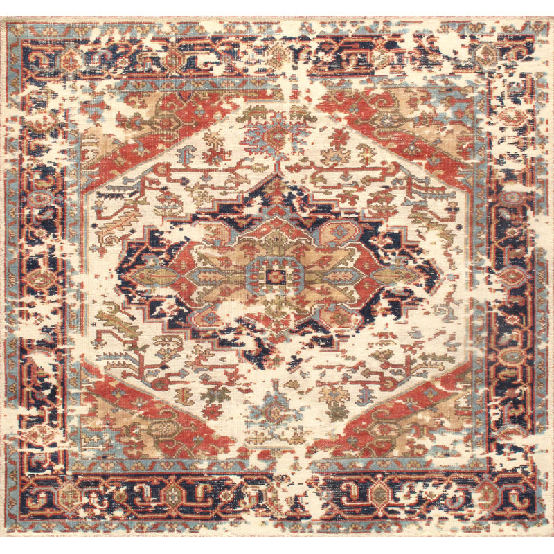 Tapis ivoire / bleu marine en laine noué à la main Serapi, Carré 10 pi