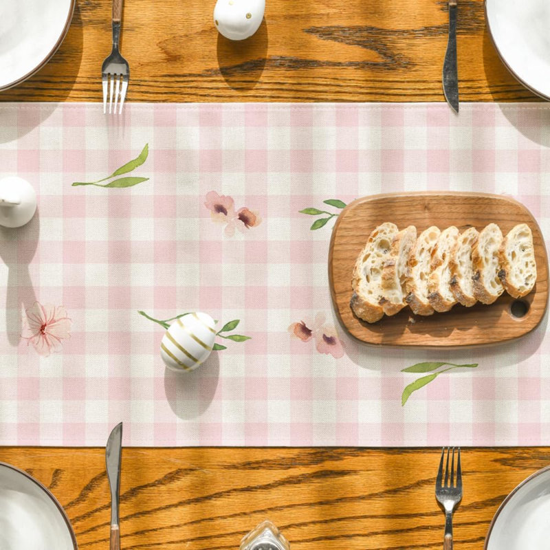 Chemin de table rose à motif de lapins à carreaux roses, décoration de table de salle à manger pour les fêtes saisonnières, décoration de fête 13 x 72 po