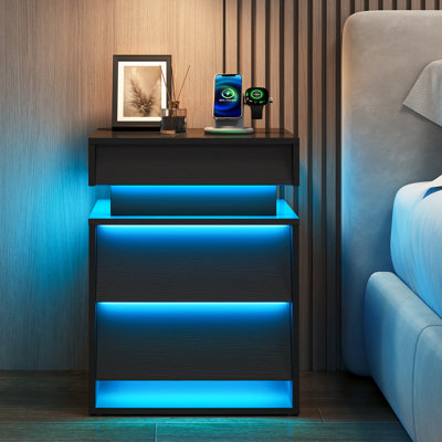Modern Nightstand with Charging Station and LED Lights, End Side Table with Sliding Top & 2 Drawers
