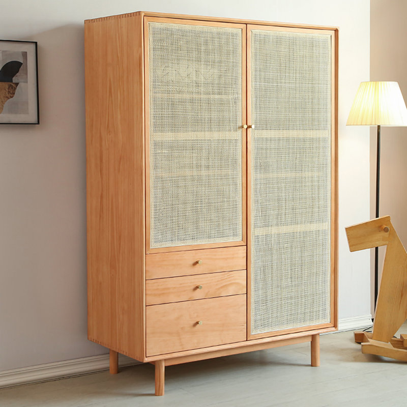 Simple Solid Wood and Rattan Woven Wardrobe