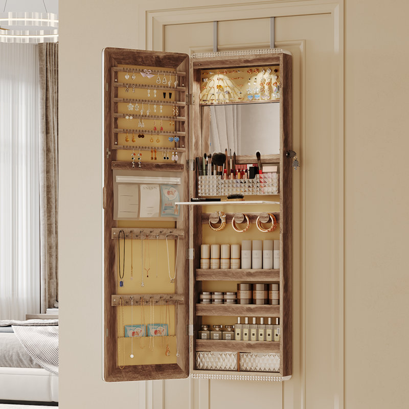 Armoire à bijoux murale à miroir avec lumières DEL intégrées, miroir intérieur et rangement multifonctionnel, Brun