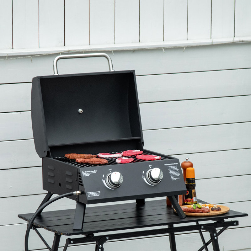 Barbecue portatif, 2 brûleurs au gaz. Pieds pliables, couvercle, thermomètre. Noir, idéal pour le camping, le pique-nique, le barbecue au propane, portable et compact. Fumée