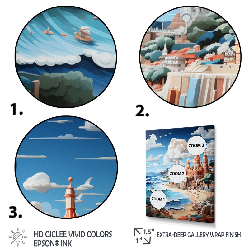 Coastal Seaside Adventure Papercut II - Décoration murale nautique et plage, H 20 po x l 12 po x P 1 po, Encadrement doré