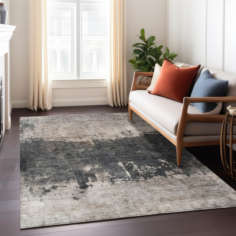 Taupe and Black Abstract Washable Indoor/Outdoor Rug