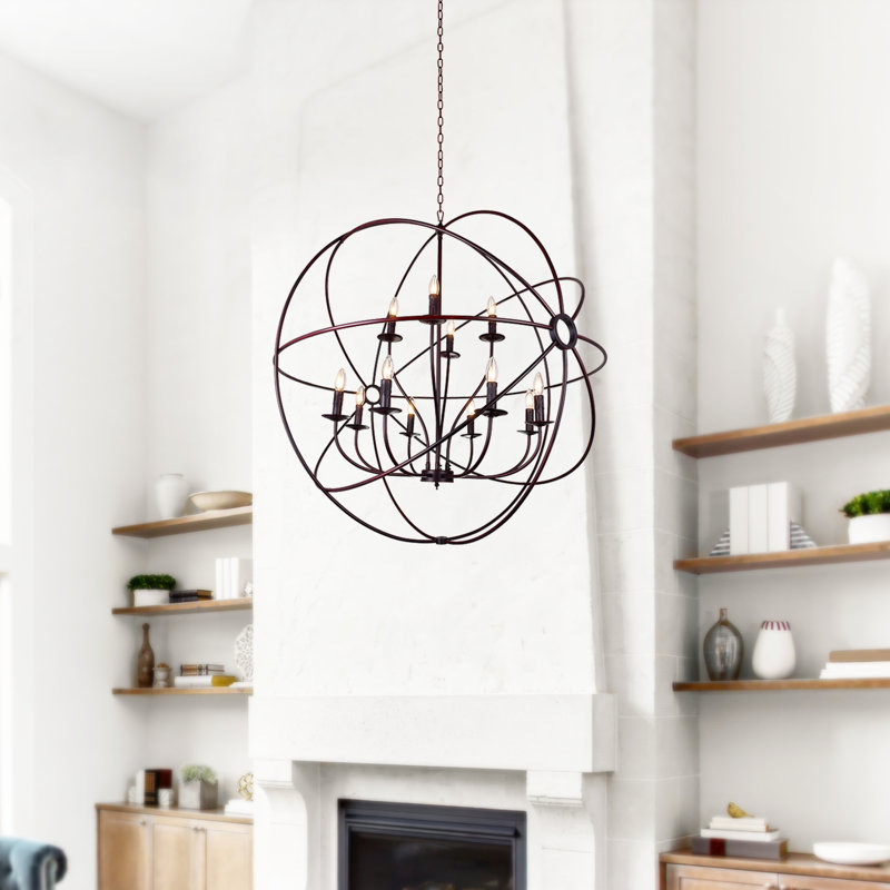 Lustre brun de 40 po pour le salon, la salle à manger - Anneau planétrique 12 lumières avec base d'ampoule E12 - Compatible avec DEL, cadre de cage ouverte, chaîne réglable - Certifié BACL