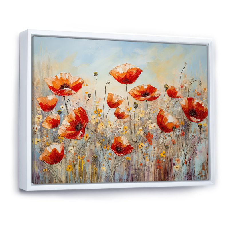 «Red Poppies Blossoming II», reproduction sur toile, Cadre flottant blanc, H 12 po x l 20 po x P 1 po