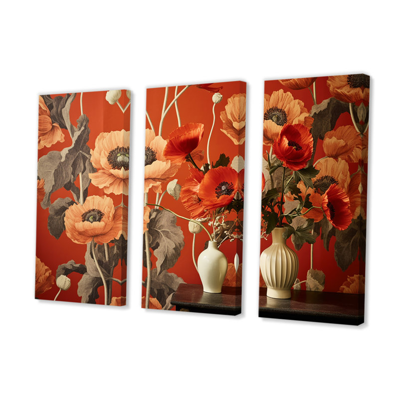 Poppy Vase Dreams - Ensemble de décorations murales coquelicots, H 32 po x l 48 po x P 1 po