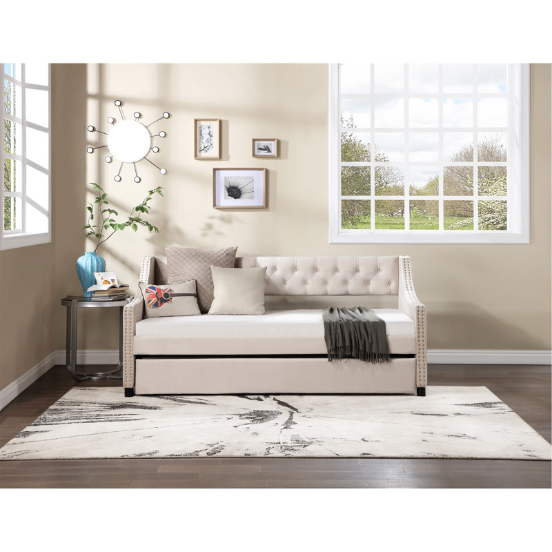 Darikson Extendable Fabric Upholstered Daybed, Full, Light Beige