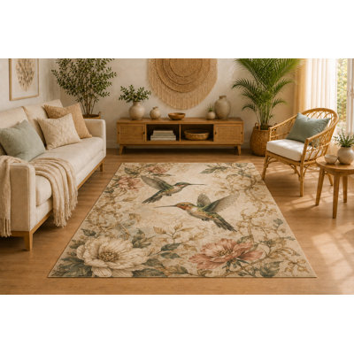 "Ultra Lightweight" 5'x7' Vintage Hummingbird Area Rug, Soft Low Pile Indoor Rug with Non-Slip Silicone Backing, Decorative Carpet for Living Room, Bedroom, Office, Botanical Decor