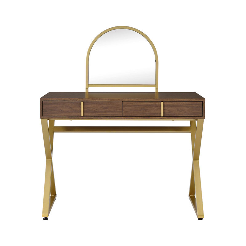 2 Drawers Vanity Desk With Mirror And Jewelry Tray, Walnut And Gold