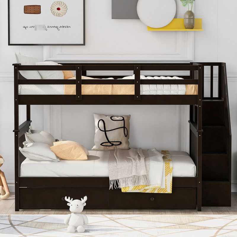 Functional Bunk Bed With Twin Trundle And Storage In Trundle, Finish Practical Design, Espresso