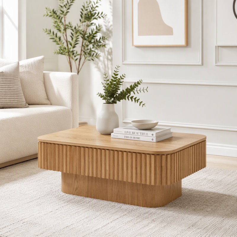 Table basse ronde avec rangement dissimulé, 32 lb, Bois naturel
