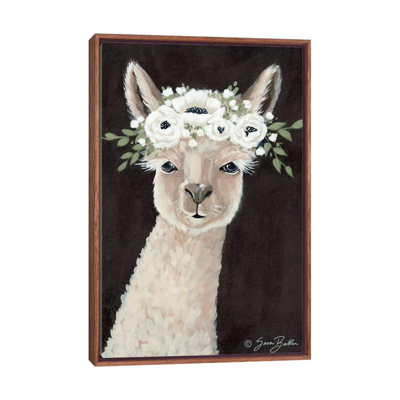 «Llama» par Sara Baker - reproduction d'art, Pas de tapis, Toile avec cadre en bois brun, H 26 po x l 18 po x 1,5 po