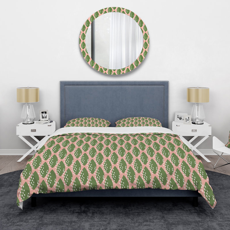 Formes de feuilles rétro à pois blancs - Ensemble de housse de couette moderne - Polyester en microfibre, Vert
