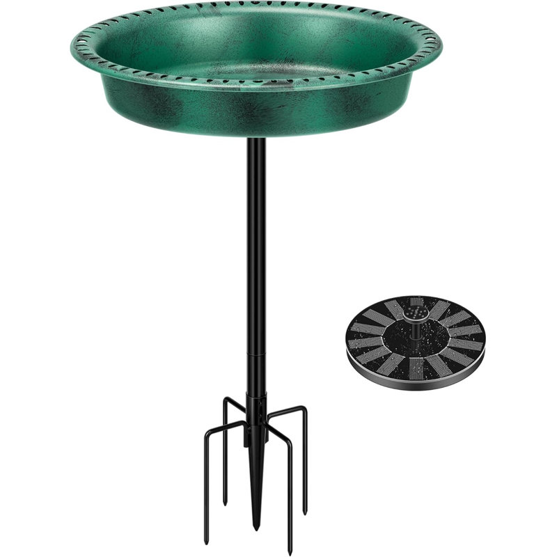 Green Polyresin Oval Bird Bath Bowl with Solar Fountain and Metal Stake