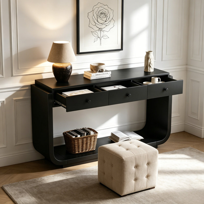 Console en noyer classique avec plusieurs tiroirs de rangement et table d'appoint à pieds ouverts, Noir