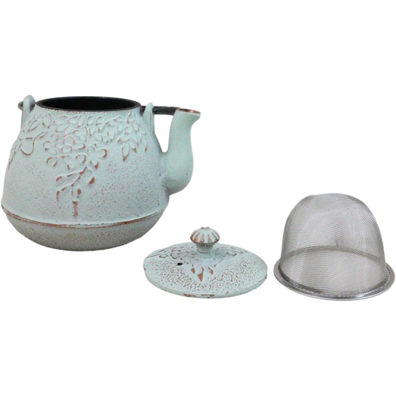 Théière Tetsubin rustique en fonte à feuilles vertes avec doublure en émail 32 oz