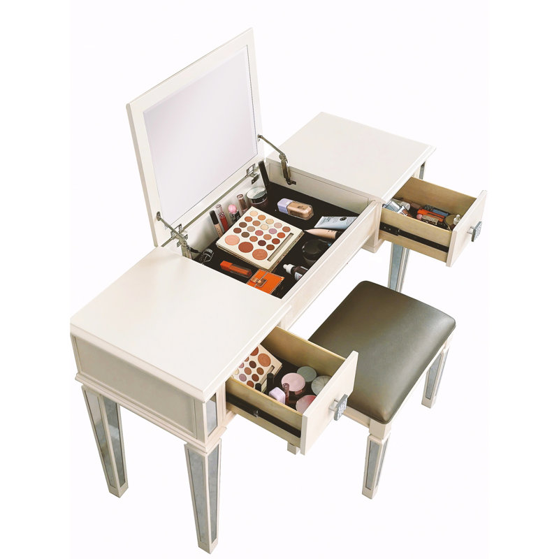 Modern Bedroom Vanity - Mirrored Makeup Table With Stool Crystal Knob For A Chic And Elegant Look Dressing Drawers Silver Finish