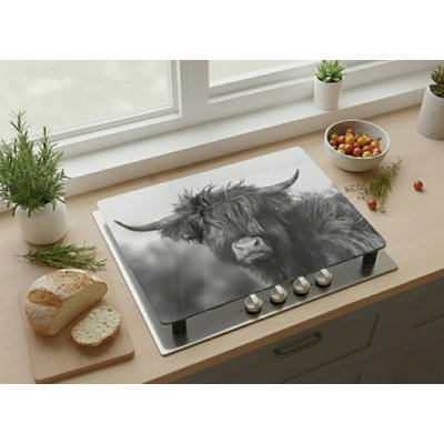 Highland Cow Universal Hob Cover Plate 5 Mm Tempered Glass Black-White For All Types Cookers Kitchen Counter Decor Worktop Saver 4x Feet Chopping Board 60 X 52 Cm (HOB COVER WITH 4 X BLACK FEET)
