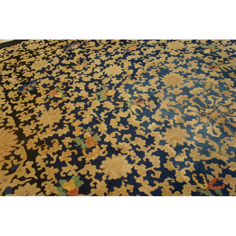 Tapis noué à la main chinois antique en laine bleue des années 1900
