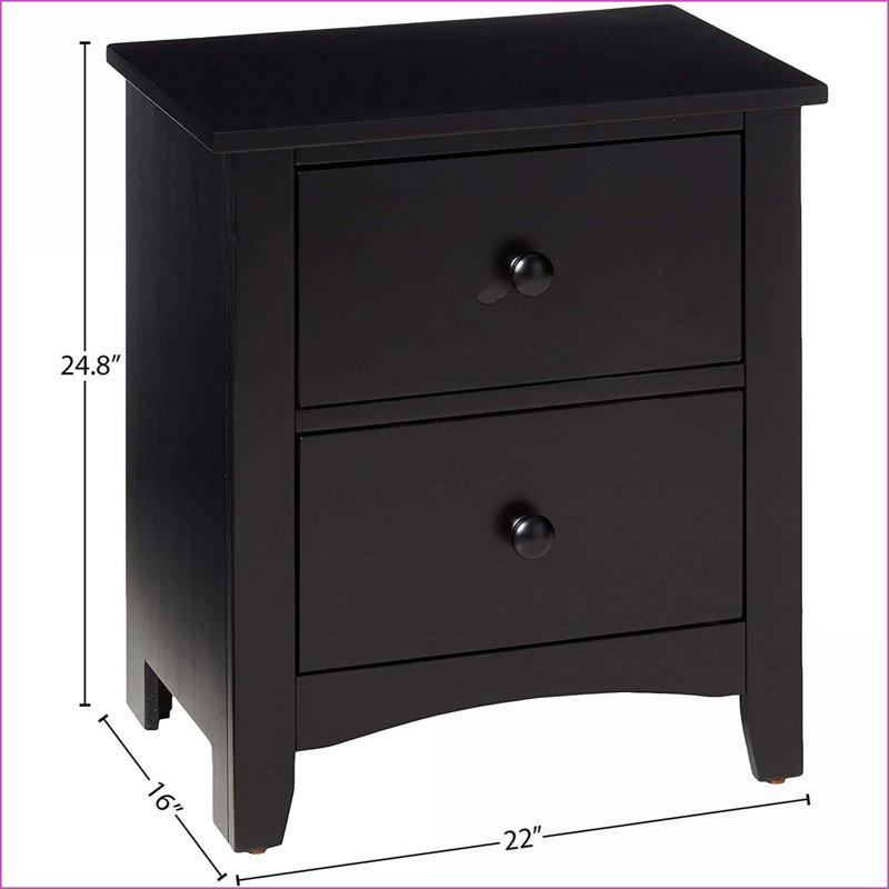 Table de chevet noire moderne à 2 tiroirs en placage de pin et bois aggloméré, Noir