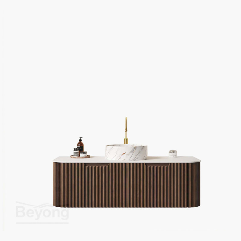 Meuble-lavabo de salle de bain 48 po avec lavabo, meuble de rangement mural à bords courbés et rayés avec 2 tiroirs, lavabo rond en céramique blanc avec motif de pierre, pré-assemblé, couleur grain de bois noyer foncé