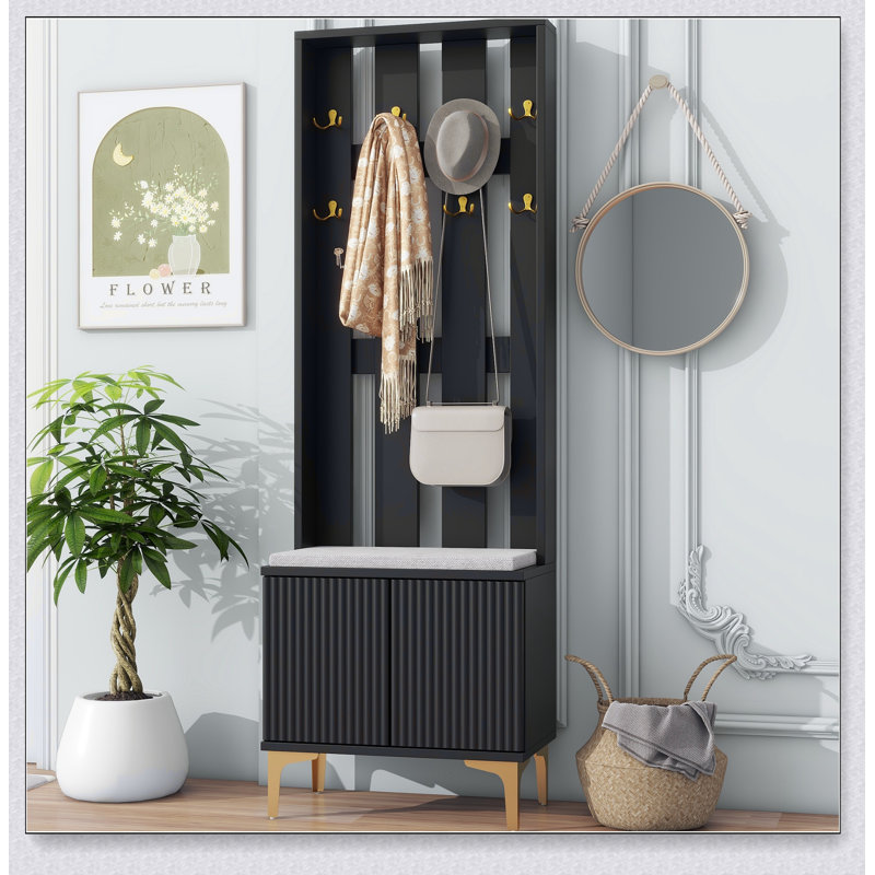Modern Luxury 4-in-1 Hall Tree with Cushion, Versatile Coat Rack with 8 Gold Hooks and Legs, Entryway Bench with Adjustable Shelves