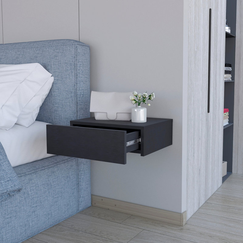 Table de chevet noire peu encombrante - flottante, en bois avec un grand tiroir pour économiser de l'espace,, Noir
